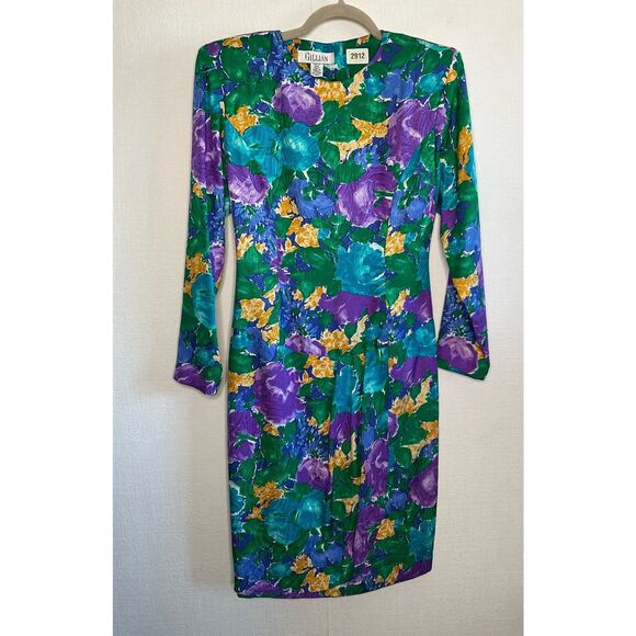Vintage Gillian Womens 100% Silk Green Purple Floral Dress Size 6 Open Back 70s - Picture 2 of 11